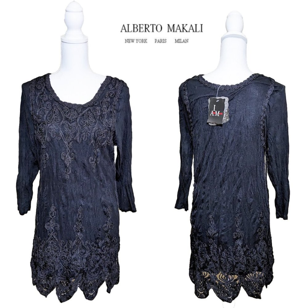 ALBERTO MAKALI Beaded Black Lace Overlay Dress